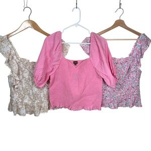 Set of 3 Lee Women Smocked Peplum Tops Puff Sleeve‎ Pink Floral Print Plus Size